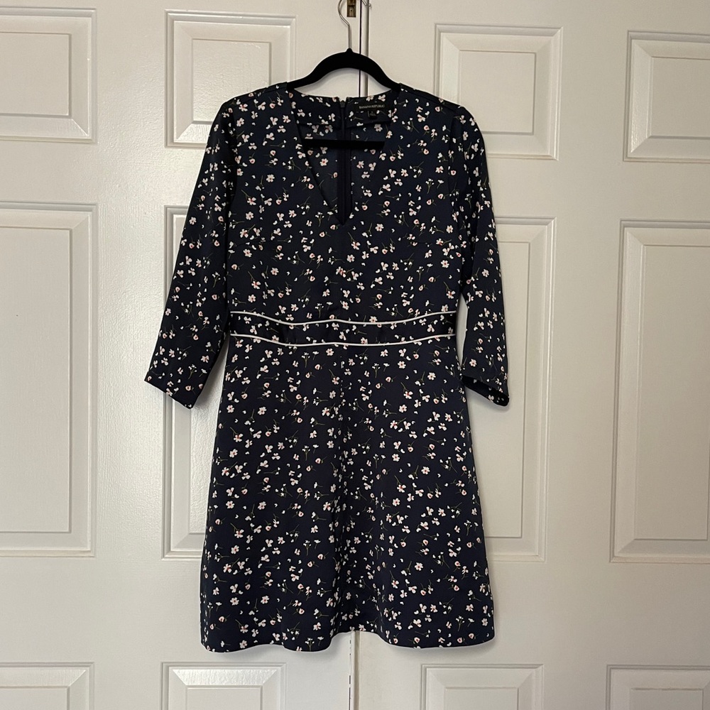 Banana Republic Navy Floral A-Line Dress with White Piping